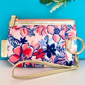 LILLY PULITZER ~ Small Floral Wristlet w/Gold Strap Hardware Coral Pink Inner